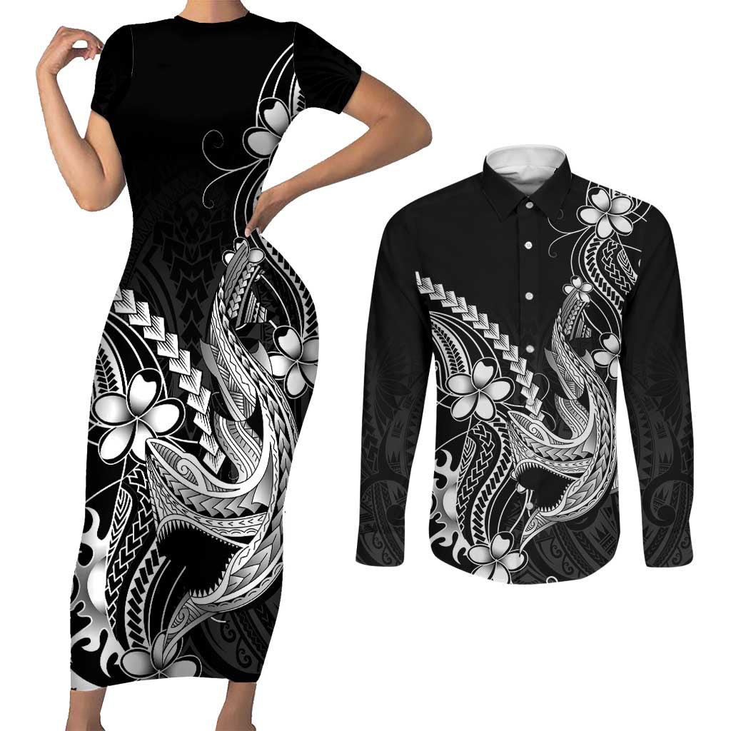 Black Aloha Hawaii Couples Matching Short Sleeve Bodycon Dress and Long Sleeve Button Shirt Polynesian Shark Tattoo With Plumeria - Polynesian Pride