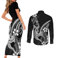 Black Aloha Hawaii Couples Matching Short Sleeve Bodycon Dress and Long Sleeve Button Shirt Polynesian Shark Tattoo With Plumeria - Polynesian Pride