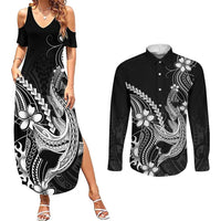 Black Aloha Hawaii Couples Matching Summer Maxi Dress and Long Sleeve Button Shirt Polynesian Shark Tattoo With Plumeria - Polynesian Pride