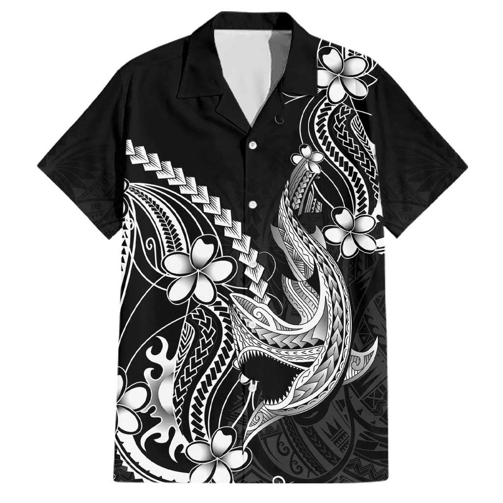 Black Aloha Hawaii Family Matching Long Sleeve Bodycon Dress and Hawaiian Shirt Polynesian Shark Tattoo With Plumeria LT14 Dad's Shirt - Short Sleeve Black - Polynesian Pride