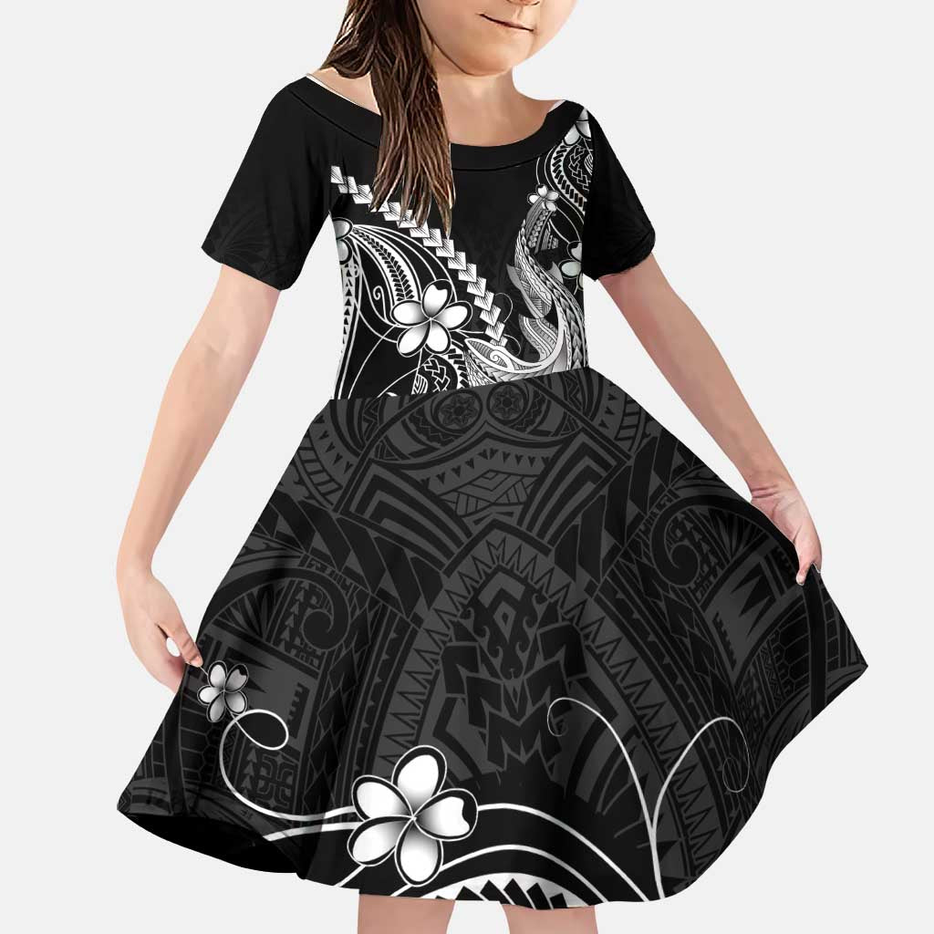 Black Aloha Hawaii Family Matching Off Shoulder Maxi Dress and Hawaiian Shirt Polynesian Shark Tattoo With Plumeria LT14 Daughter's Dress Black - Polynesian Pride