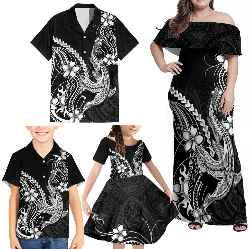 Black Aloha Hawaii Family Matching Off Shoulder Maxi Dress and Hawaiian Shirt Polynesian Shark Tattoo With Plumeria LT14 - Polynesian Pride