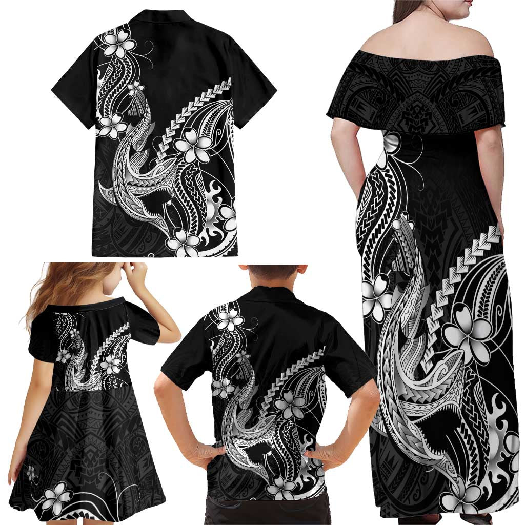 Black Aloha Hawaii Family Matching Off Shoulder Maxi Dress and Hawaiian Shirt Polynesian Shark Tattoo With Plumeria LT14 - Polynesian Pride