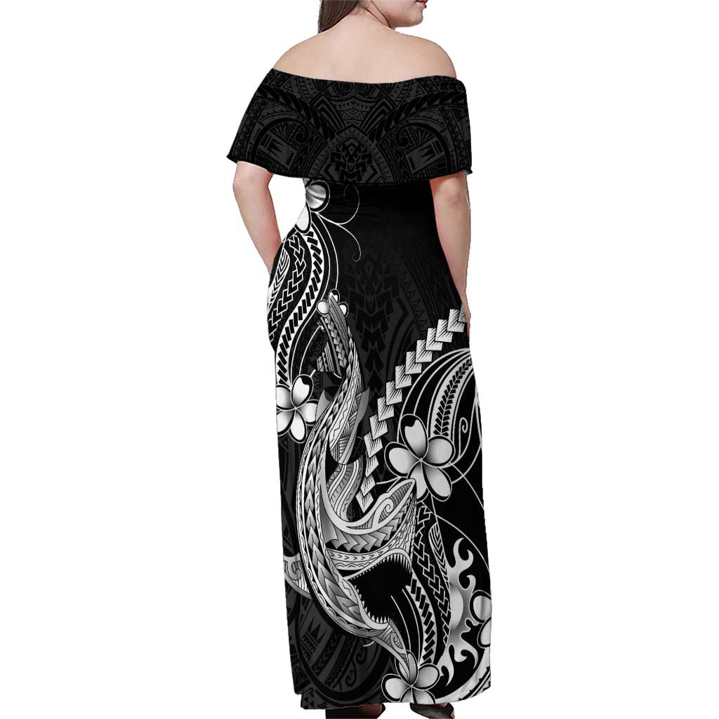 Black Aloha Hawaii Family Matching Off Shoulder Maxi Dress and Hawaiian Shirt Polynesian Shark Tattoo With Plumeria LT14 - Polynesian Pride