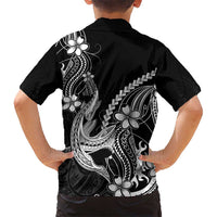 Black Aloha Hawaii Family Matching Off Shoulder Short Dress and Hawaiian Shirt Polynesian Shark Tattoo With Plumeria LT14 - Polynesian Pride