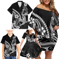 Black Aloha Hawaii Family Matching Off Shoulder Short Dress and Hawaiian Shirt Polynesian Shark Tattoo With Plumeria LT14 - Polynesian Pride