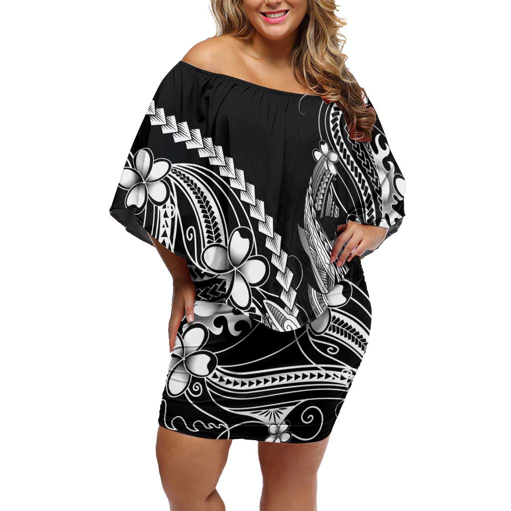 Black Aloha Hawaii Family Matching Off Shoulder Short Dress and Hawaiian Shirt Polynesian Shark Tattoo With Plumeria LT14 Mom's Dress Black - Polynesian Pride
