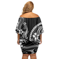 Black Aloha Hawaii Family Matching Off Shoulder Short Dress and Hawaiian Shirt Polynesian Shark Tattoo With Plumeria LT14 - Polynesian Pride
