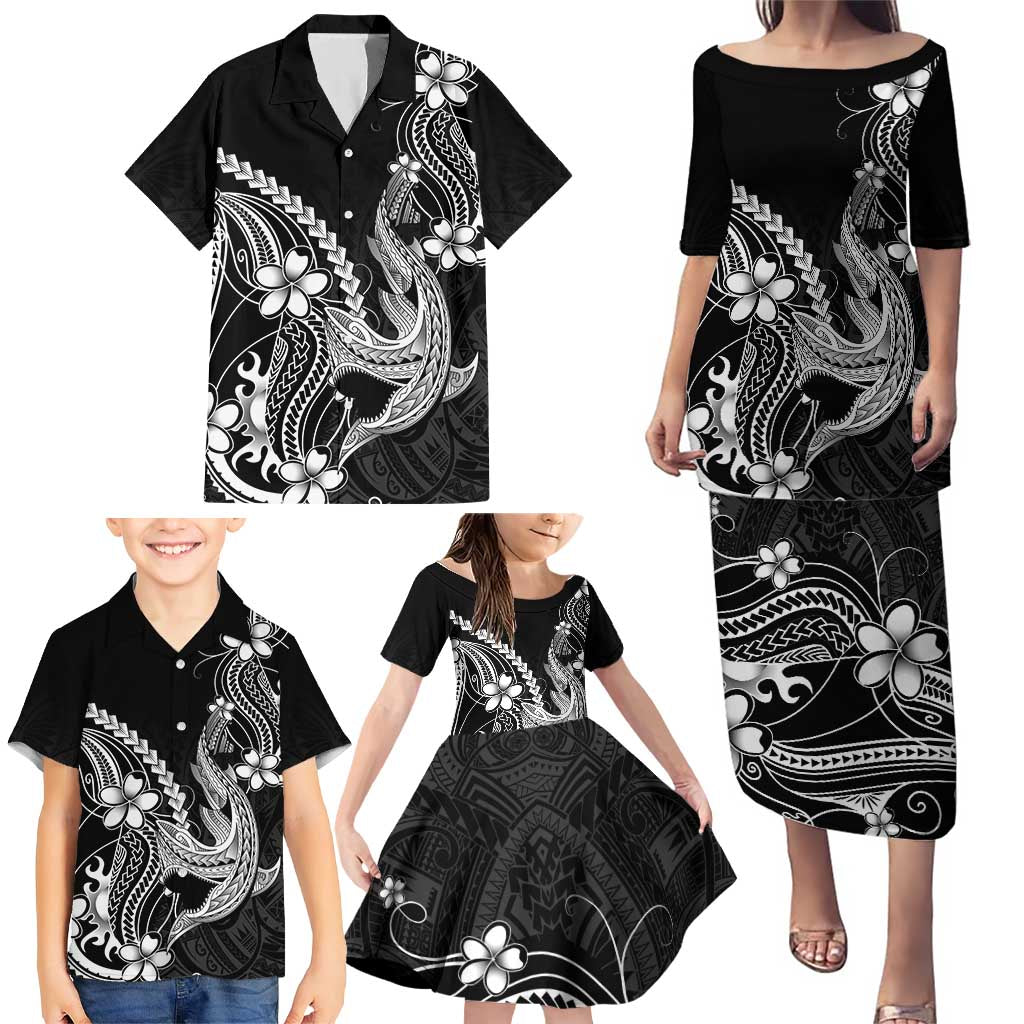 Black Aloha Hawaii Family Matching Puletasi and Hawaiian Shirt Polynesian Shark Tattoo With Plumeria LT14 - Polynesian Pride
