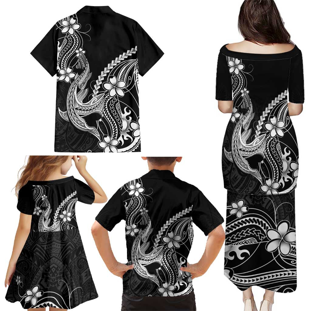 Black Aloha Hawaii Family Matching Puletasi and Hawaiian Shirt Polynesian Shark Tattoo With Plumeria LT14 - Polynesian Pride
