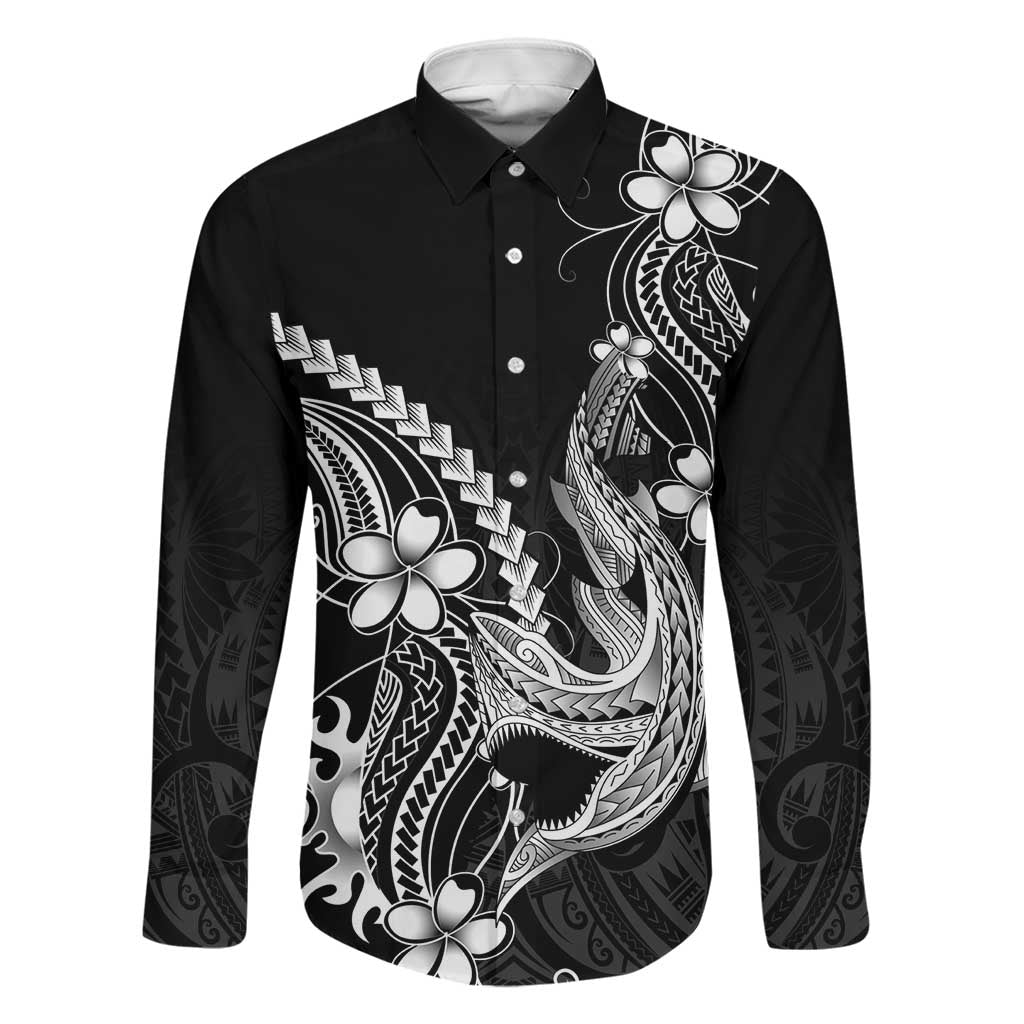 Black Aloha Hawaii Family Matching Puletasi and Hawaiian Shirt Polynesian Shark Tattoo With Plumeria LT14 Dad's Shirt - Long Sleeve Black - Polynesian Pride