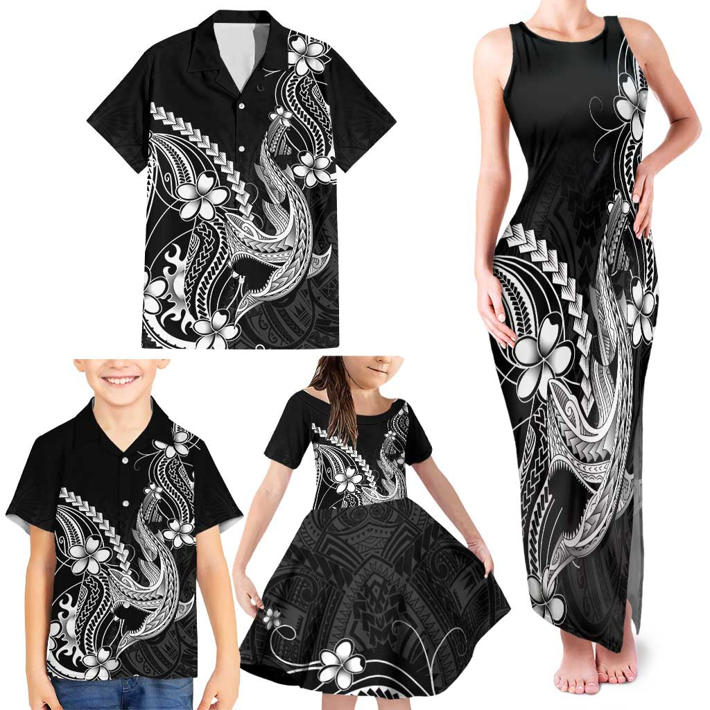 Black Aloha Hawaii Family Matching Tank Maxi Dress and Hawaiian Shirt Polynesian Shark Tattoo With Plumeria LT14 - Polynesian Pride