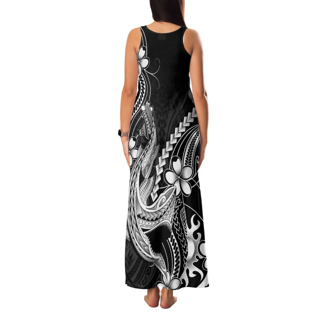 Black Aloha Hawaii Family Matching Tank Maxi Dress and Hawaiian Shirt Polynesian Shark Tattoo With Plumeria LT14 - Polynesian Pride