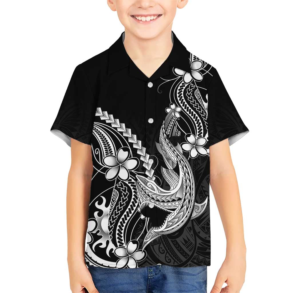 Black Aloha Hawaii Family Matching Tank Maxi Dress and Hawaiian Shirt Polynesian Shark Tattoo With Plumeria LT14 Son's Shirt Black - Polynesian Pride