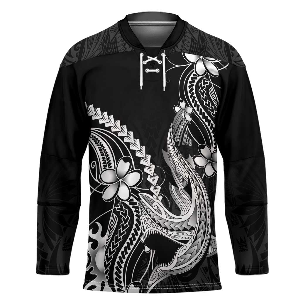 Black Aloha Hawaii Hockey Jersey Polynesian Shark Tattoo With Plumeria LT14 Unisex Black - Polynesian Pride