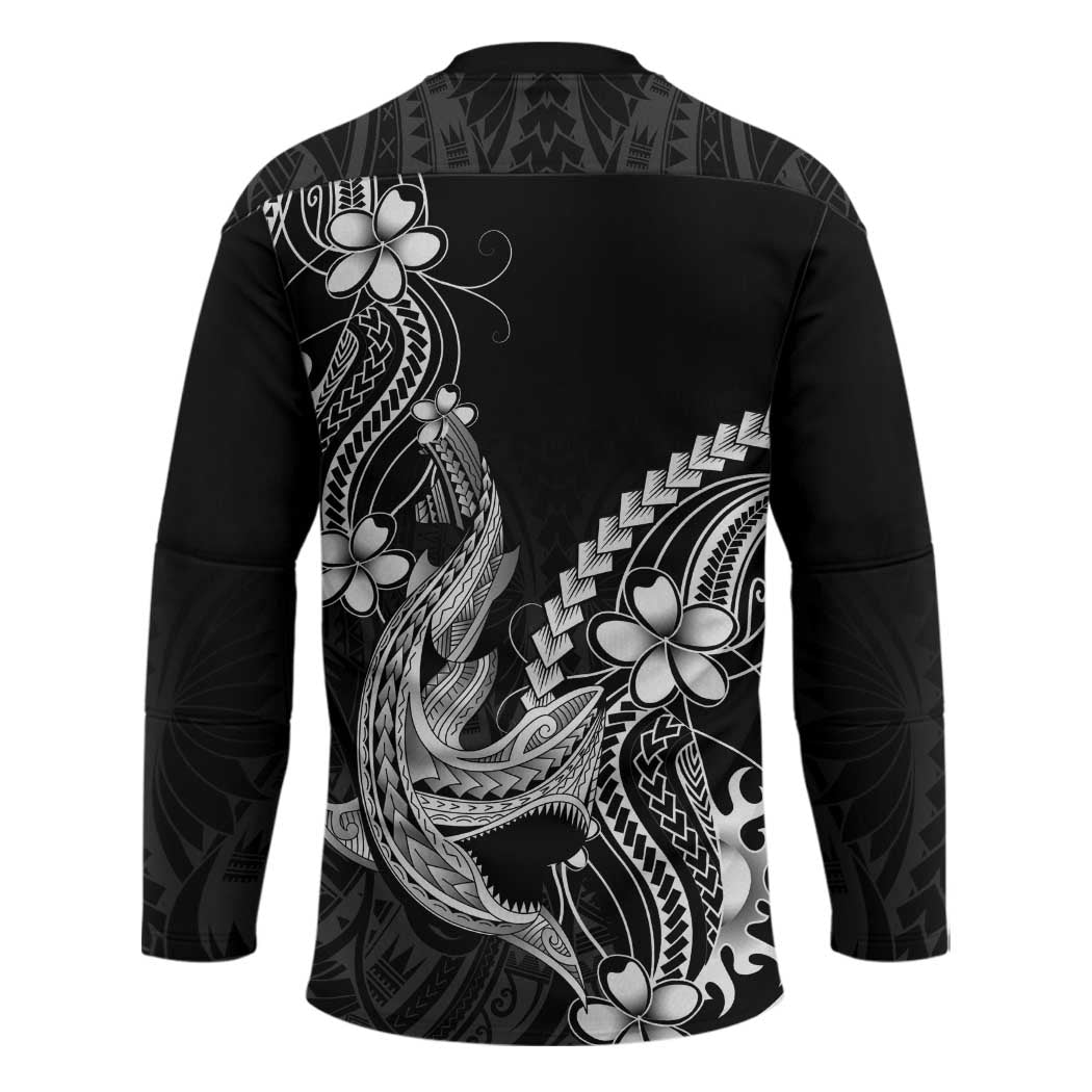 Black Aloha Hawaii Hockey Jersey Polynesian Shark Tattoo With Plumeria LT14 - Polynesian Pride