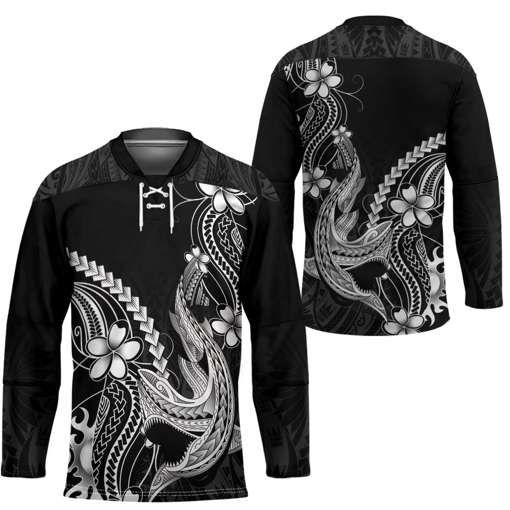 Black Aloha Hawaii Hockey Jersey Polynesian Shark Tattoo With Plumeria LT14 - Polynesian Pride