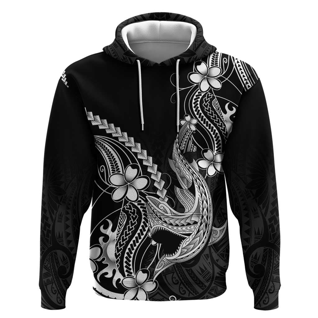 Black Aloha Hawaii Hoodie - Polynesian Shark Tattoo With Plumeria LT14 Pullover Hoodie Black - Polynesian Pride
