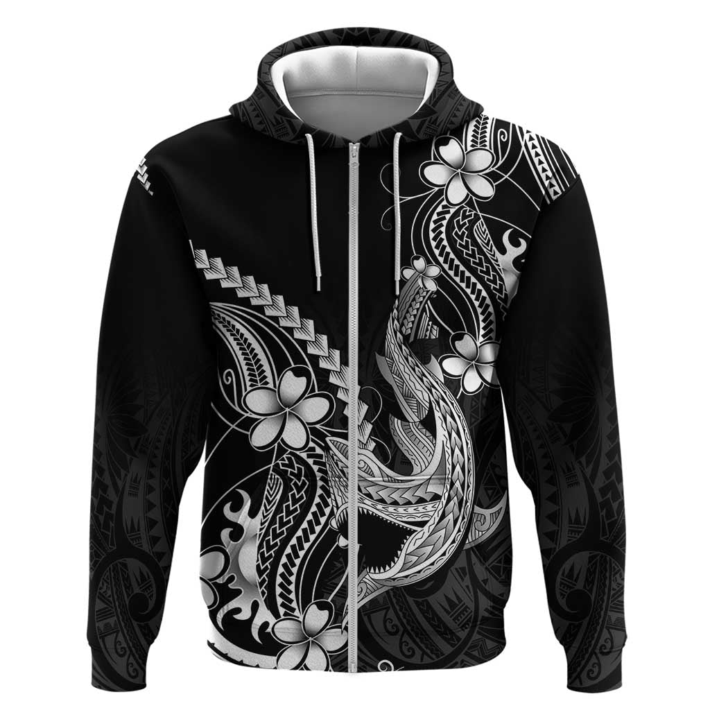 Black Aloha Hawaii Hoodie - Polynesian Shark Tattoo With Plumeria LT14 Zip Hoodie Black - Polynesian Pride