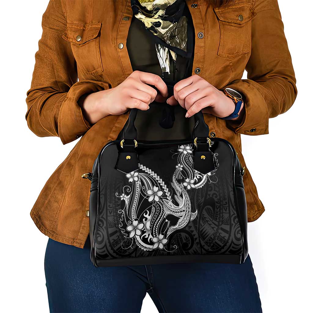 Black Aloha Hawaii Shoulder Handbag Polynesian Shark Tattoo With Plumeria - Polynesian Pride