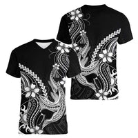 Black Aloha Hawaii Women V-Neck T-Shirt Polynesian Shark Tattoo With Plumeria - Polynesian Pride