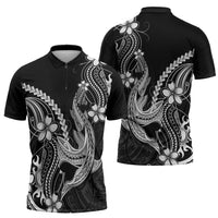 Black Aloha Hawaii Zipper Polo Shirt Polynesian Shark Tattoo With Plumeria - Polynesian Pride