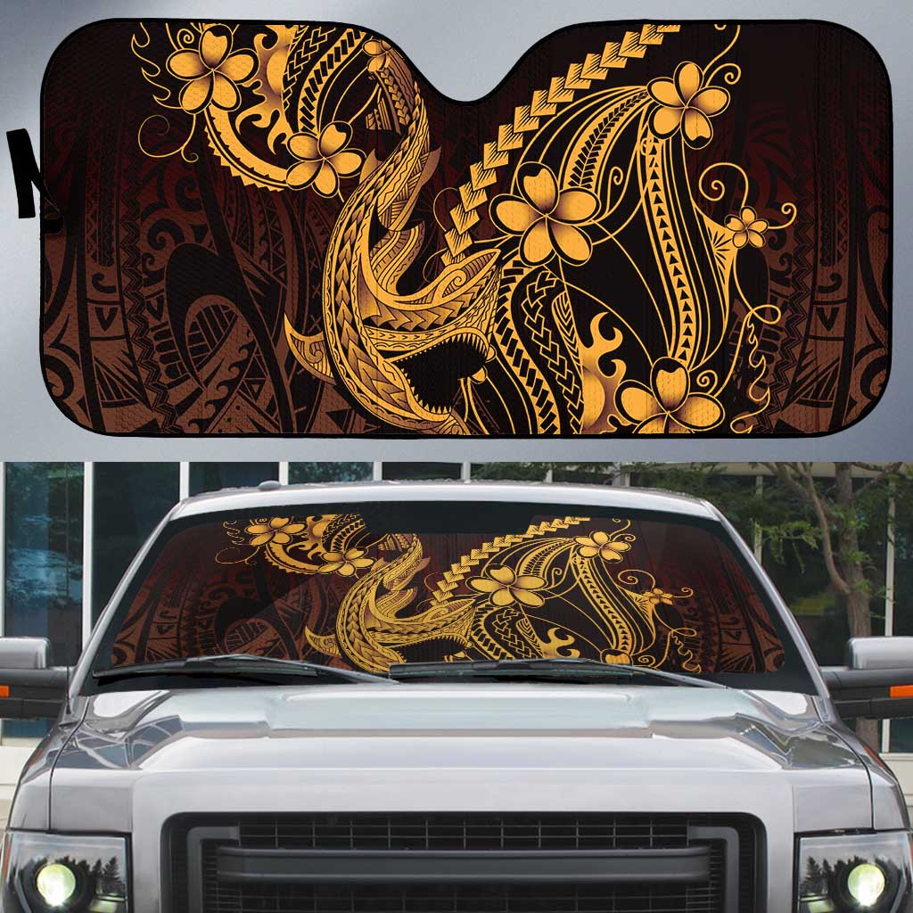 Gold Black Aloha Hawaii Auto Sun Shade Polynesian Shark Tattoo With Plumeria LT14 Gold - Polynesian Pride