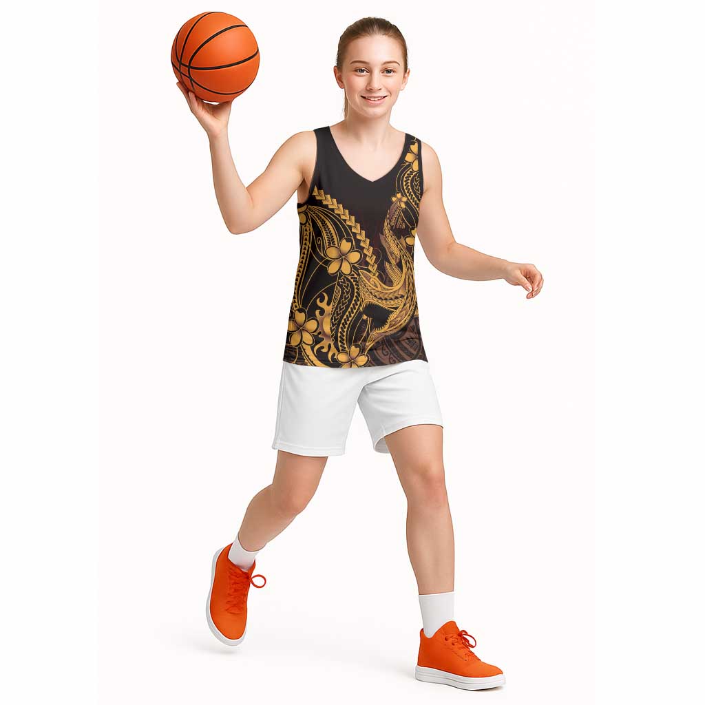 Gold Black Aloha Hawaii Basketball Jersey Polynesian Shark Tattoo With Plumeria - Polynesian Pride