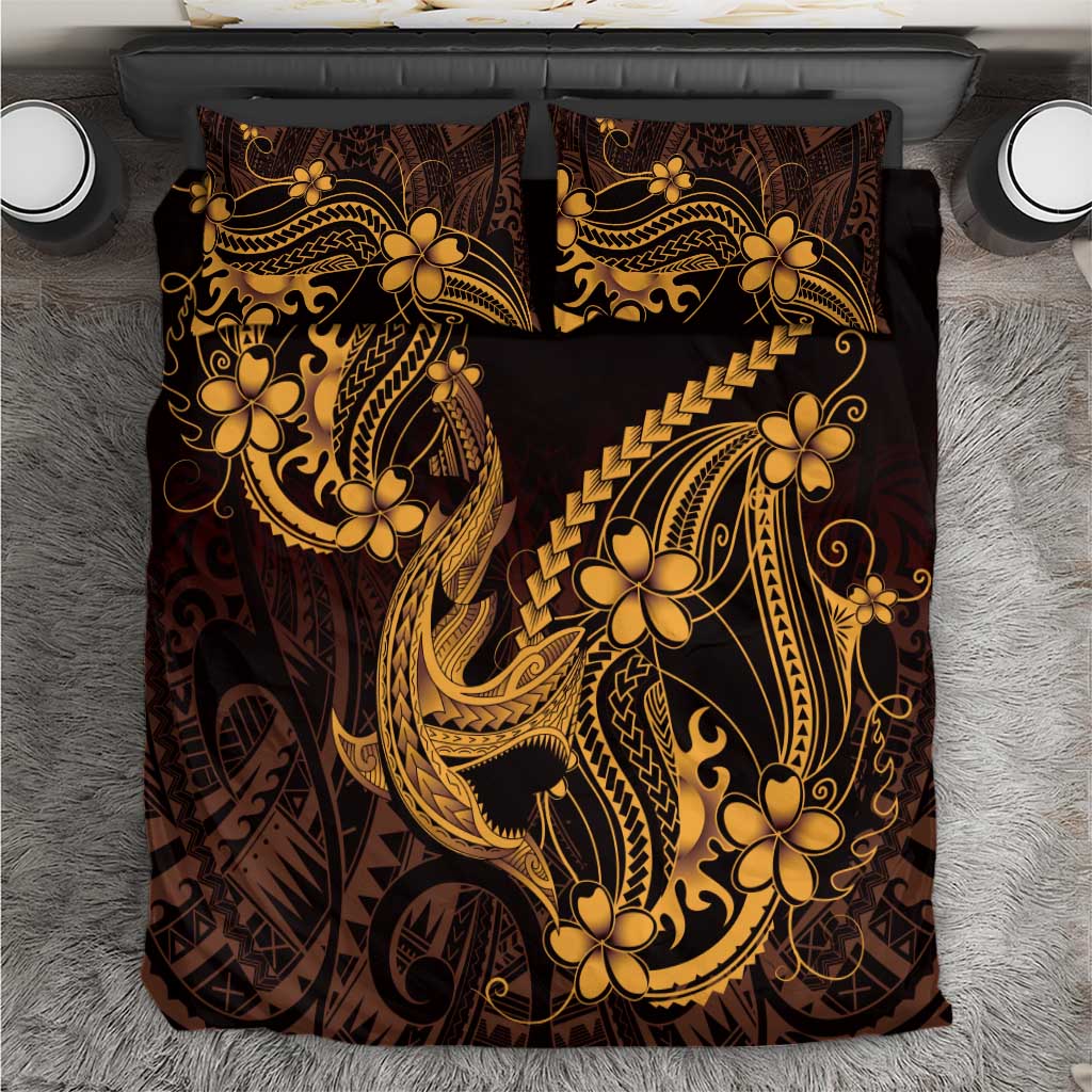 Gold Black Aloha Hawaii Bedding Set Polynesian Shark Tattoo With Plumeria LT14 Gold - Polynesian Pride