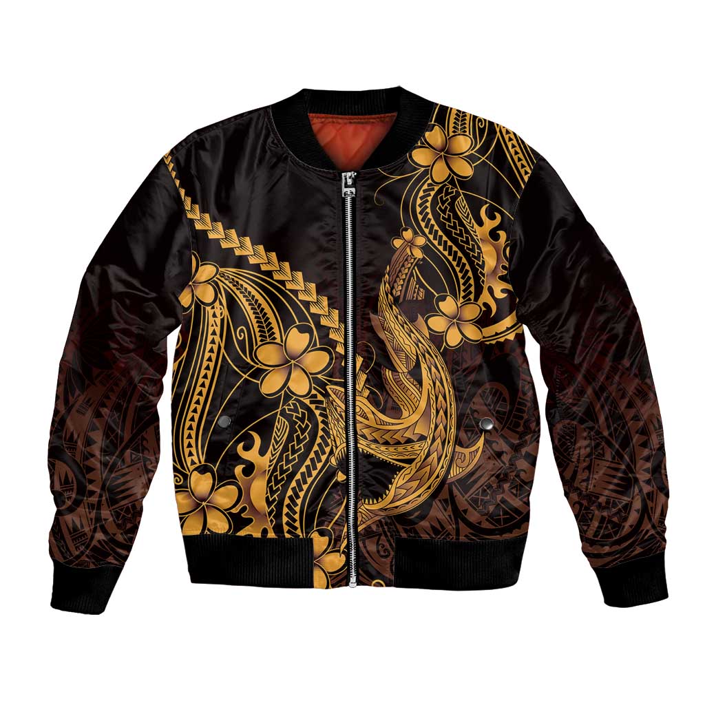 Gold Black Aloha Hawaii Bomber Jacket Polynesian Shark Tattoo With Plumeria LT14 Unisex Gold - Polynesian Pride