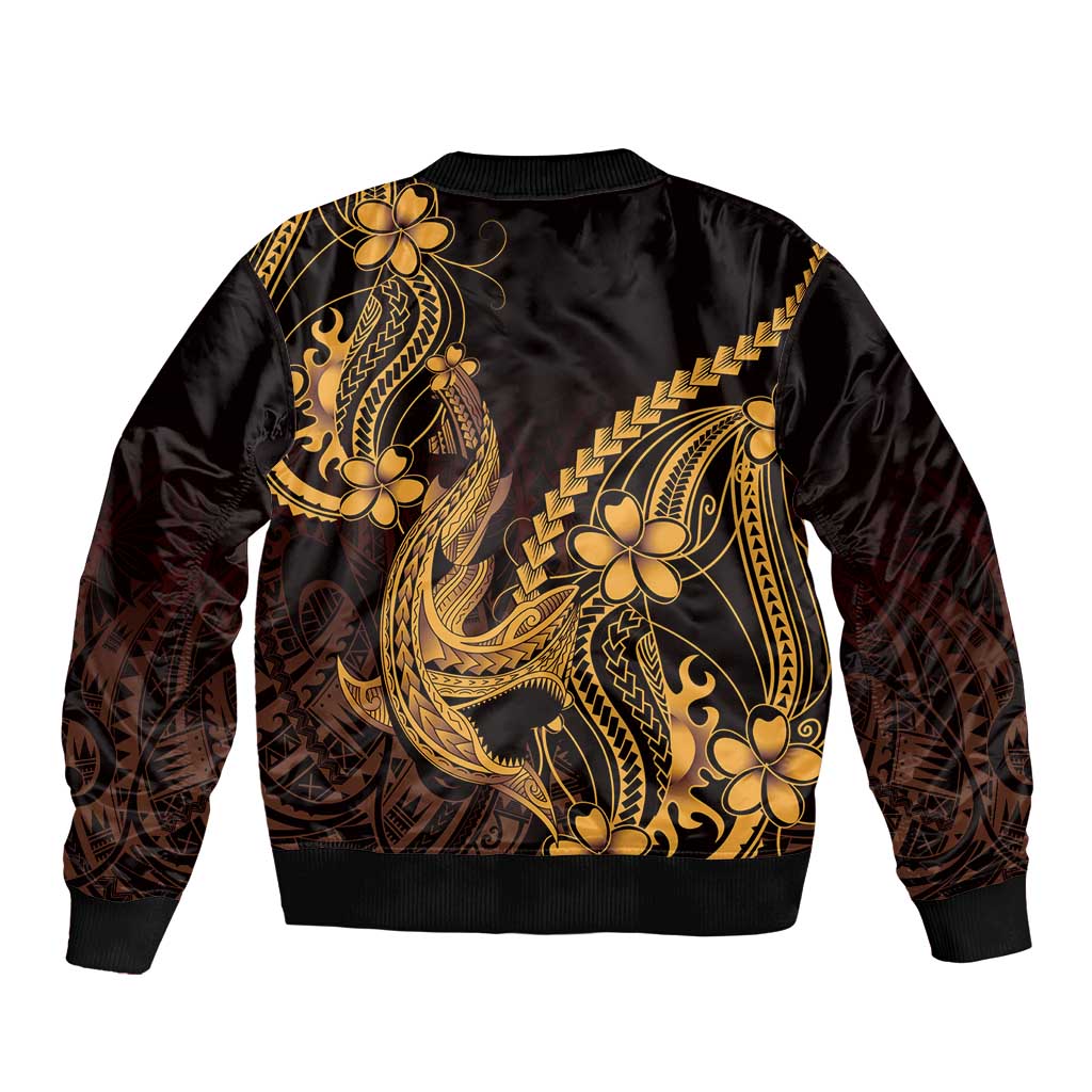 Gold Black Aloha Hawaii Bomber Jacket Polynesian Shark Tattoo With Plumeria LT14 - Polynesian Pride