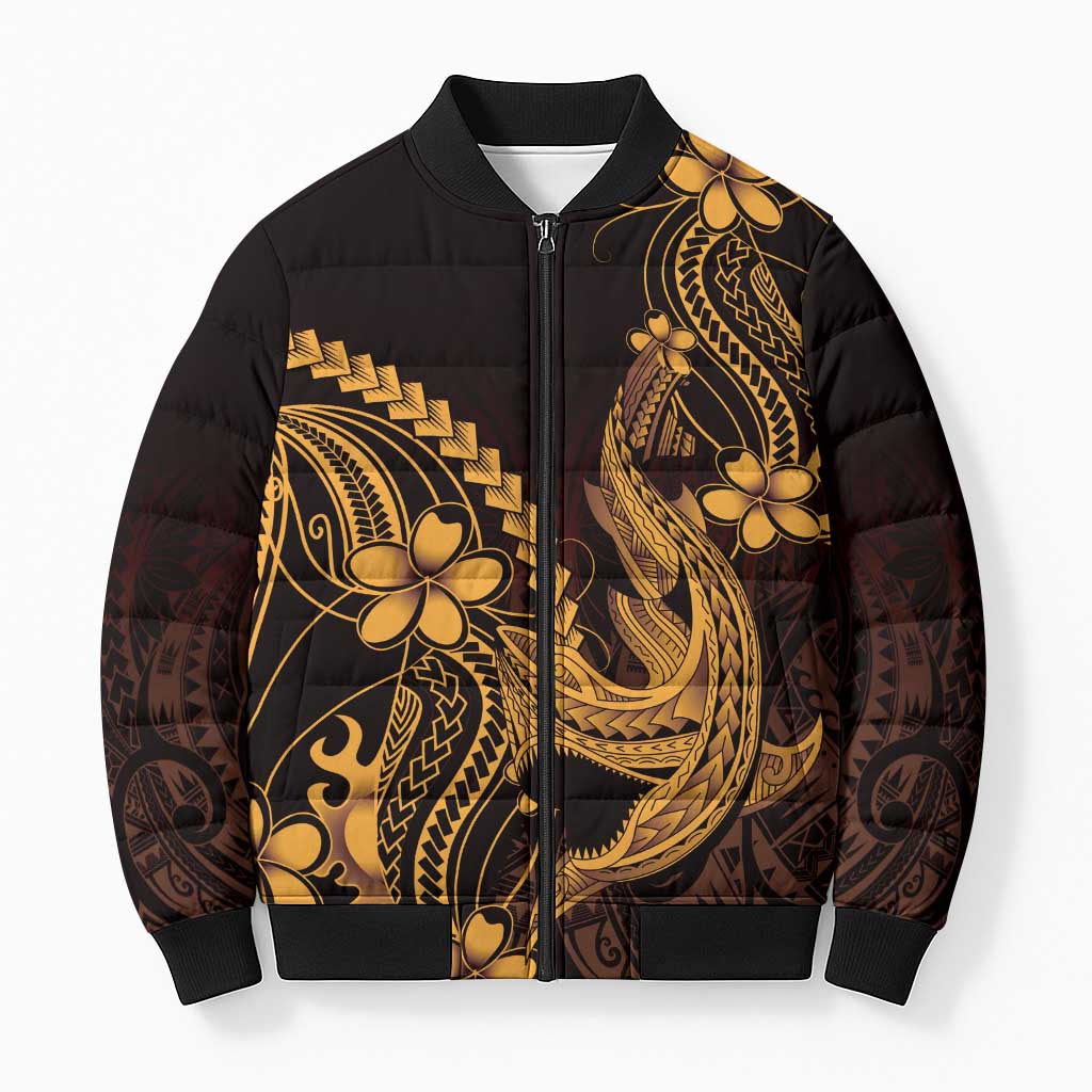 Gold Black Aloha Hawaii Bomber Puffer Jacket Polynesian Shark Tattoo With Plumeria LT14 Unisex Gold - Polynesian Pride
