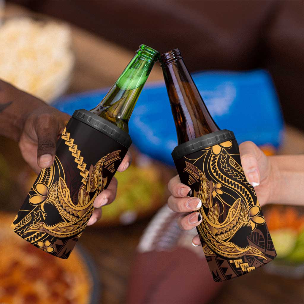 Gold Black Aloha Hawaii 4 in 1 Can Cooler Tumbler Polynesian Shark Tattoo With Plumeria - Polynesian Pride