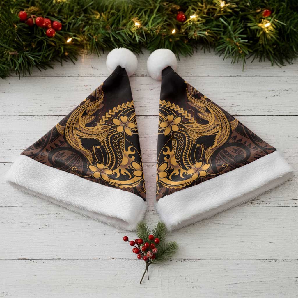 Gold Black Aloha Hawaii Christmas Santa Hat Polynesian Shark Tattoo With Plumeria - Polynesian Pride