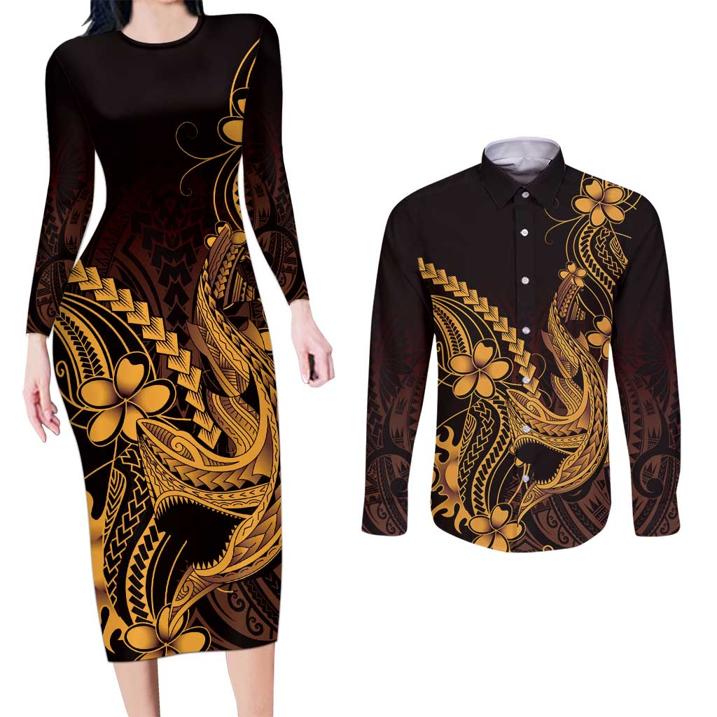 Gold Black Aloha Hawaii Couples Matching Long Sleeve Bodycon Dress and Long Sleeve Button Shirt Polynesian Shark Tattoo With Plumeria LT14 Gold - Polynesian Pride