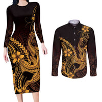 Gold Black Aloha Hawaii Couples Matching Long Sleeve Bodycon Dress and Long Sleeve Button Shirt Polynesian Shark Tattoo With Plumeria LT14 Gold - Polynesian Pride
