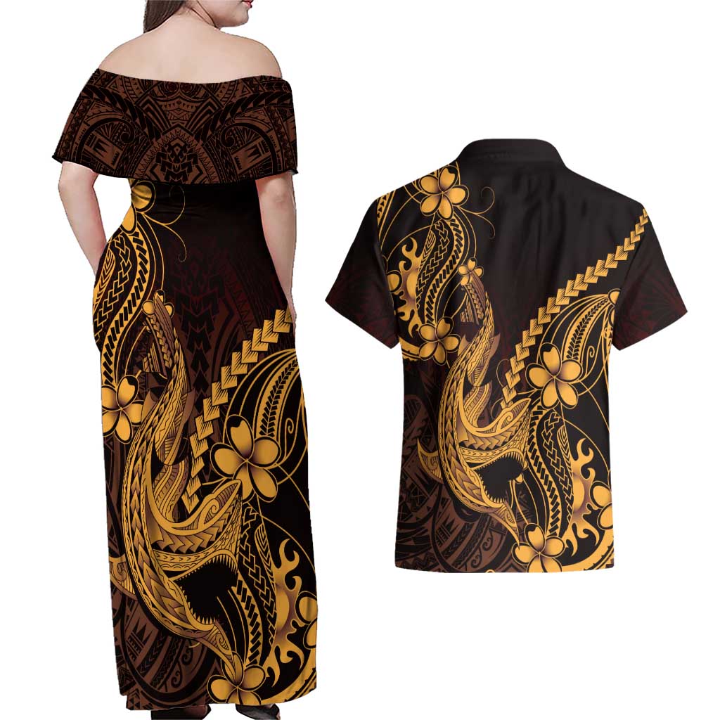Gold Black Aloha Hawaii Couples Matching Off Shoulder Maxi Dress and Hawaiian Shirt Polynesian Shark Tattoo With Plumeria LT14 - Polynesian Pride