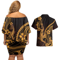 Gold Black Aloha Hawaii Couples Matching Off Shoulder Short Dress and Hawaiian Shirt Polynesian Shark Tattoo With Plumeria LT14 - Polynesian Pride