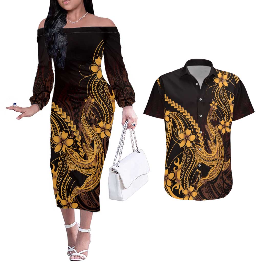 Gold Black Aloha Hawaii Couples Matching Off The Shoulder Long Sleeve Dress and Hawaiian Shirt Polynesian Shark Tattoo With Plumeria LT14 Gold - Polynesian Pride