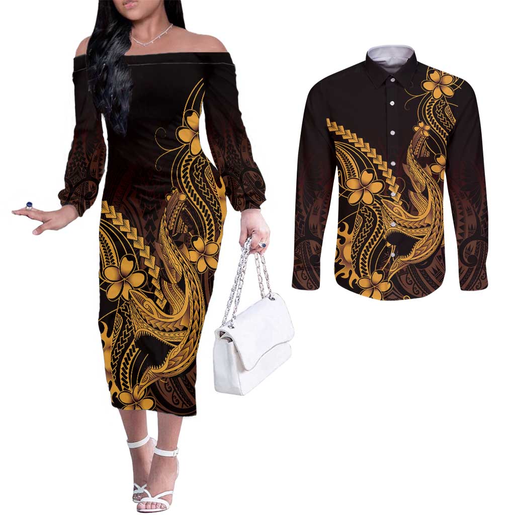 Gold Black Aloha Hawaii Couples Matching Off The Shoulder Long Sleeve Dress and Long Sleeve Button Shirt Polynesian Shark Tattoo With Plumeria LT14 Gold - Polynesian Pride