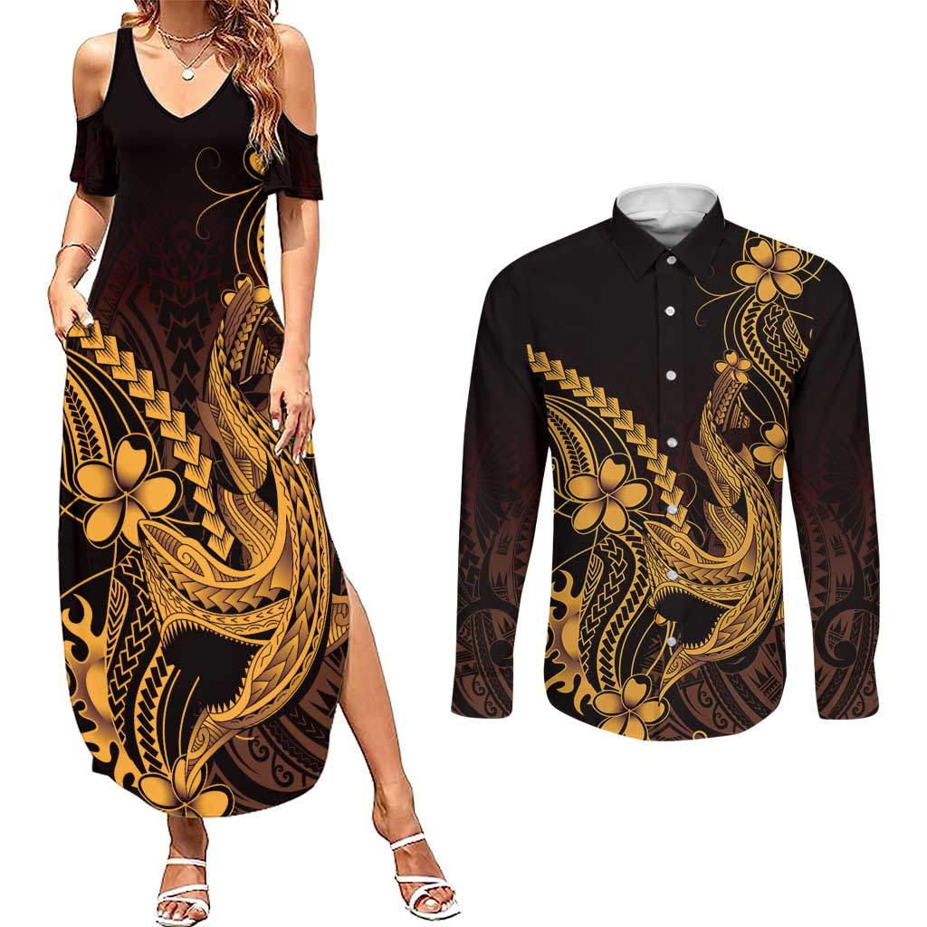 Gold Black Aloha Hawaii Couples Matching Summer Maxi Dress and Long Sleeve Button Shirt Polynesian Shark Tattoo With Plumeria LT14 Gold - Polynesian Pride