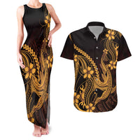 Gold Black Aloha Hawaii Couples Matching Tank Maxi Dress and Hawaiian Shirt Polynesian Shark Tattoo With Plumeria LT14 Gold - Polynesian Pride