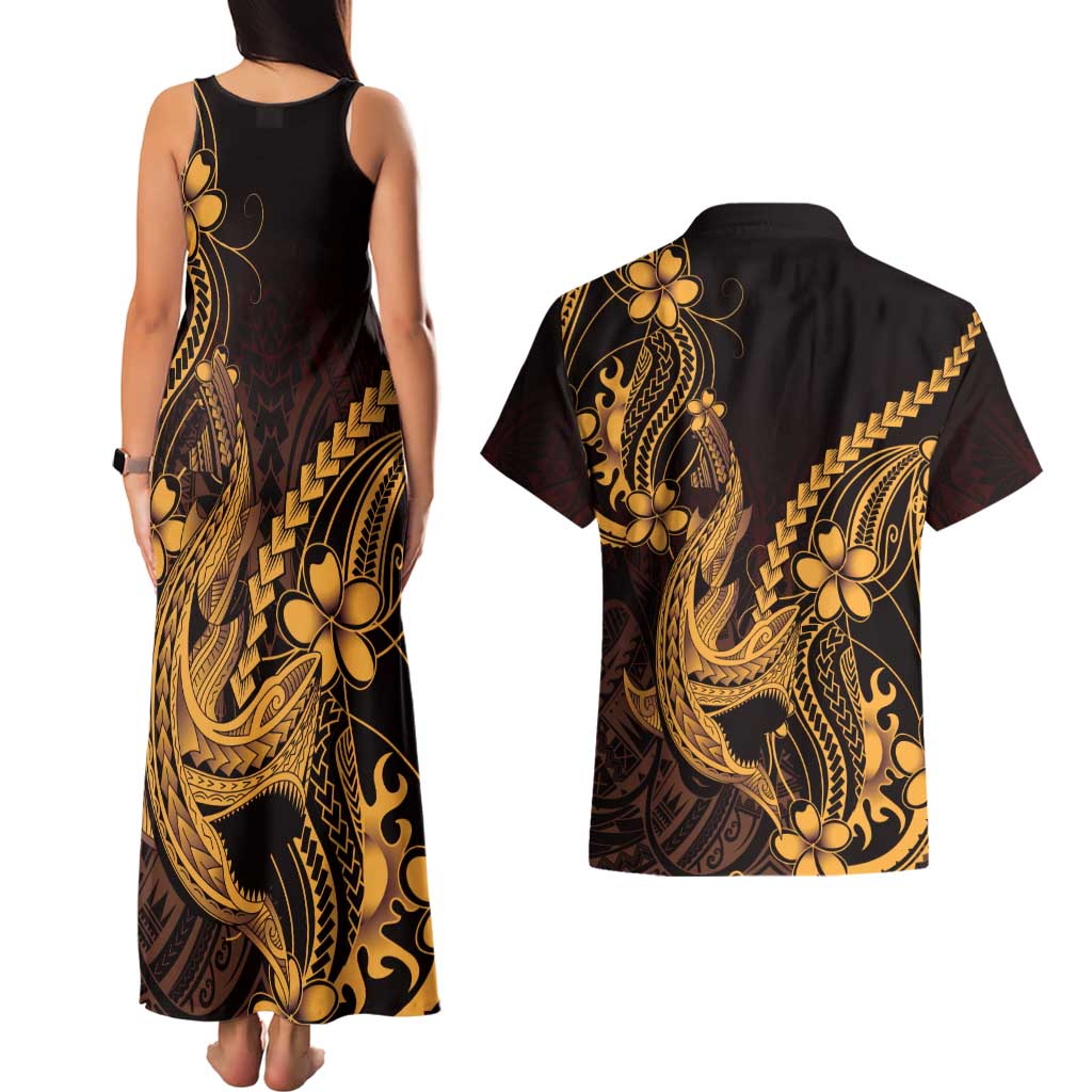Gold Black Aloha Hawaii Couples Matching Tank Maxi Dress and Hawaiian Shirt Polynesian Shark Tattoo With Plumeria LT14 - Polynesian Pride