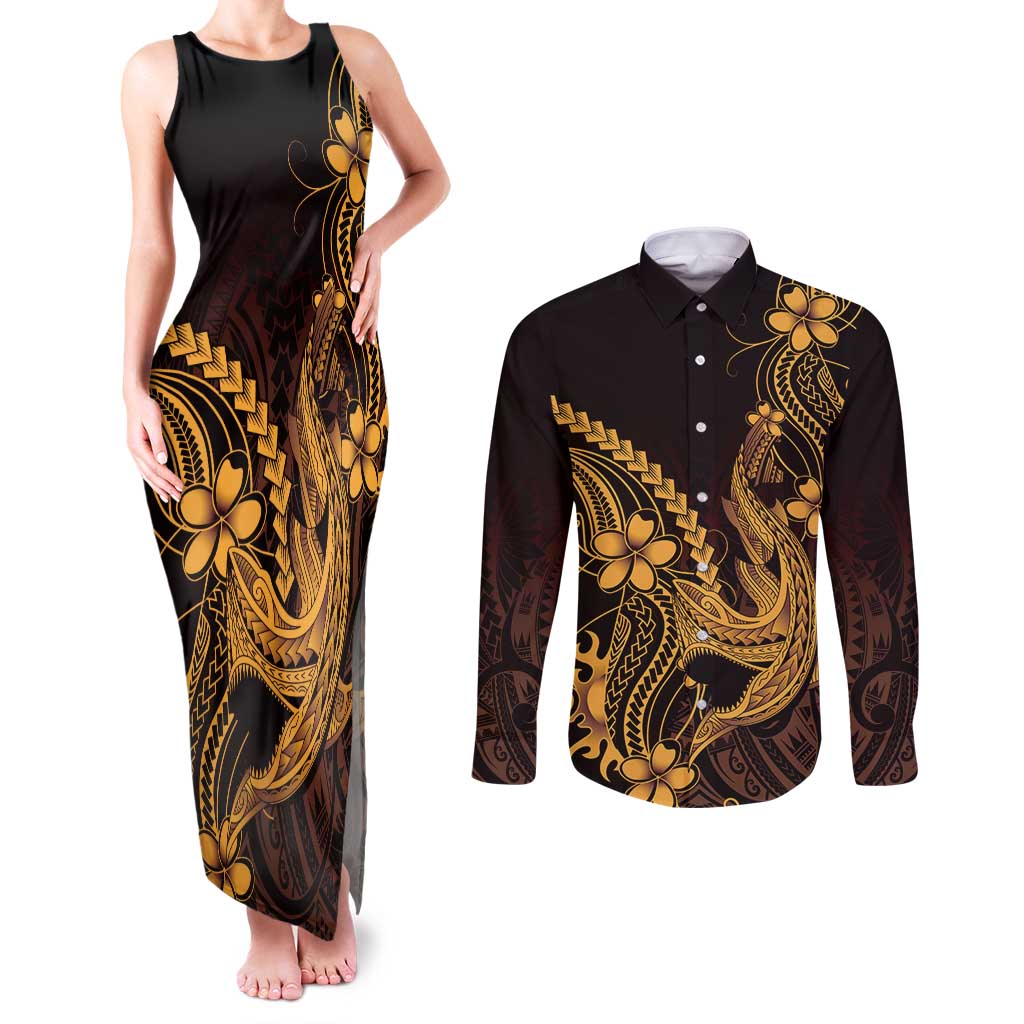 Gold Black Aloha Hawaii Couples Matching Tank Maxi Dress and Long Sleeve Button Shirt Polynesian Shark Tattoo With Plumeria LT14 Gold - Polynesian Pride