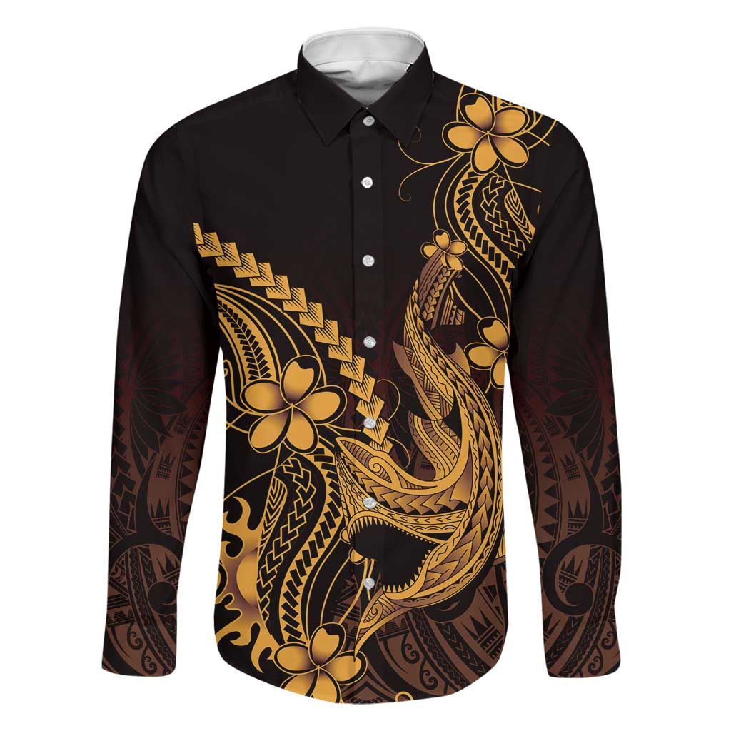 Gold Black Aloha Hawaii Family Matching Long Sleeve Bodycon Dress and Hawaiian Shirt Polynesian Shark Tattoo With Plumeria LT14 Dad's Shirt - Long Sleeve Gold - Polynesian Pride