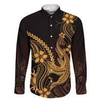 Gold Black Aloha Hawaii Family Matching Mermaid Dress and Hawaiian Shirt Polynesian Shark Tattoo With Plumeria LT14 Dad's Shirt - Long Sleeve Gold - Polynesian Pride