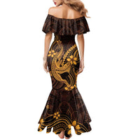 Gold Black Aloha Hawaii Family Matching Mermaid Dress and Hawaiian Shirt Polynesian Shark Tattoo With Plumeria LT14 - Polynesian Pride