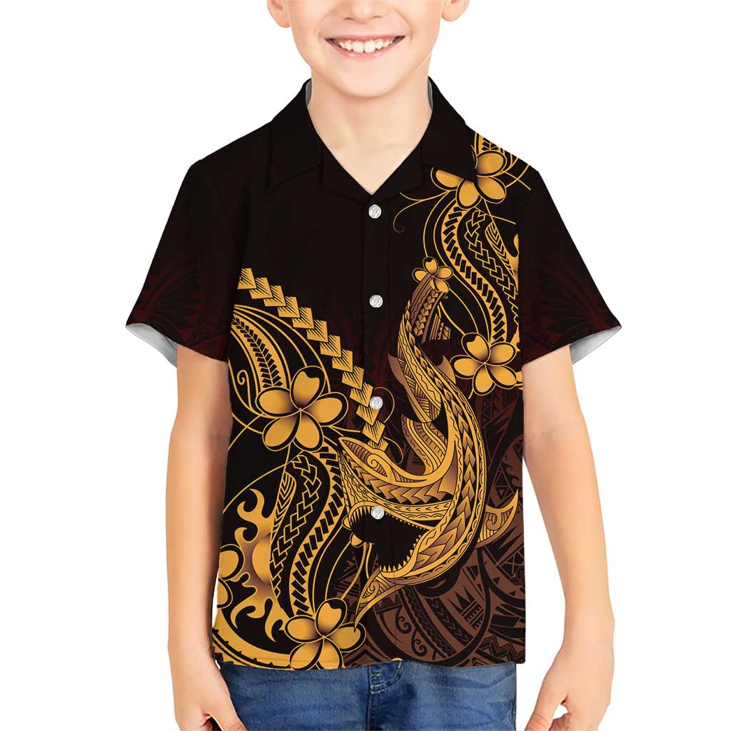 Gold Black Aloha Hawaii Family Matching Mermaid Dress and Hawaiian Shirt Polynesian Shark Tattoo With Plumeria LT14 Son's Shirt Gold - Polynesian Pride