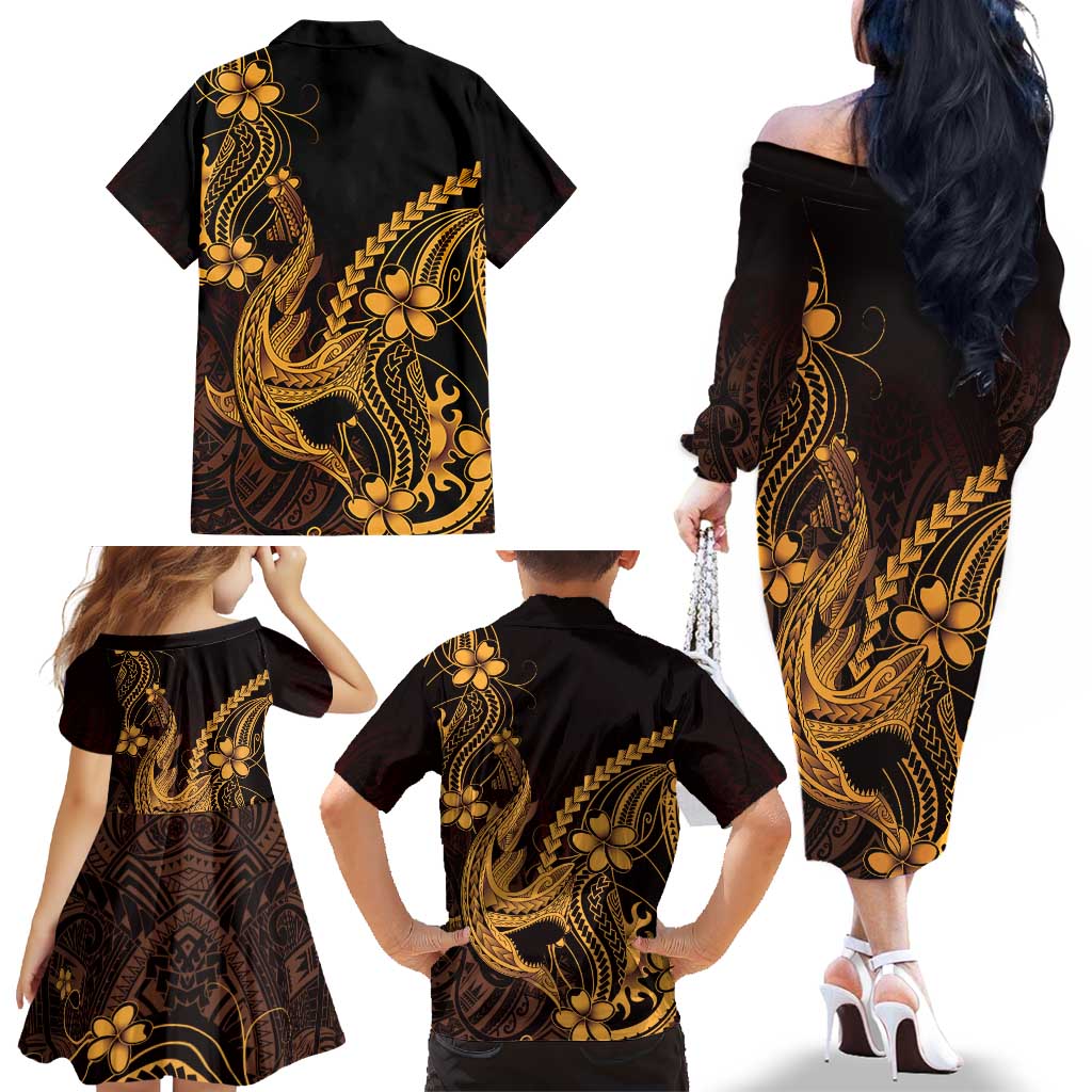 Gold Black Aloha Hawaii Family Matching Off The Shoulder Long Sleeve Dress and Hawaiian Shirt Polynesian Shark Tattoo With Plumeria LT14 - Polynesian Pride