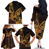 Gold Black Aloha Hawaii Family Matching Off The Shoulder Long Sleeve Dress and Hawaiian Shirt Polynesian Shark Tattoo With Plumeria LT14 - Polynesian Pride